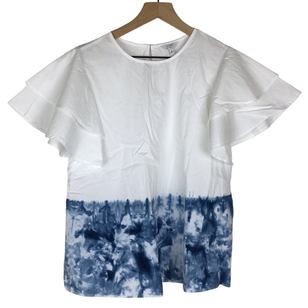 CROWN & IVY Top Blouse Tie Dye Ruffle Flutter Sleeves Fall Bloom Size Medium - Picture 9 of 9